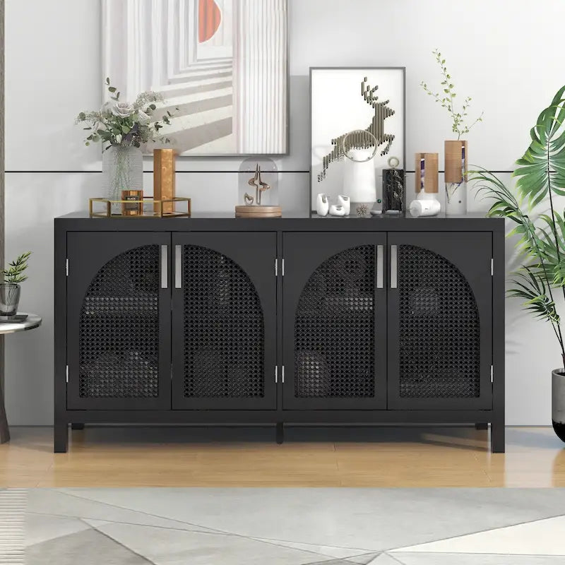 4-Door Storage Cabinet with Rattan Door Panels