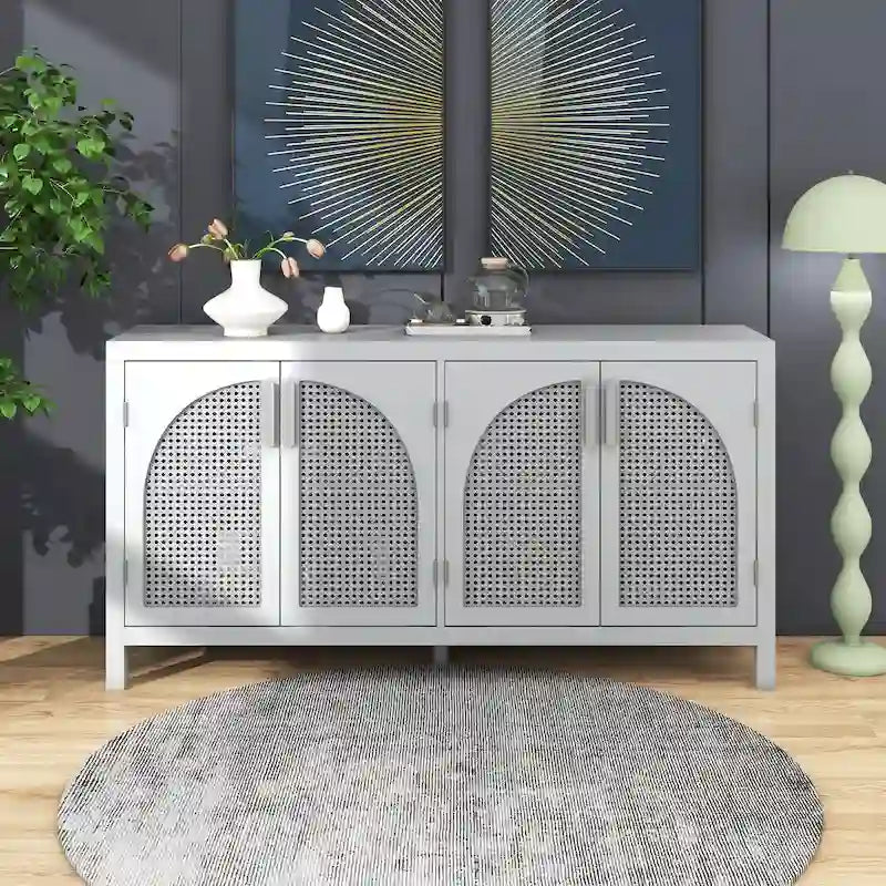 4-Door Storage Cabinet with Rattan Door Panels