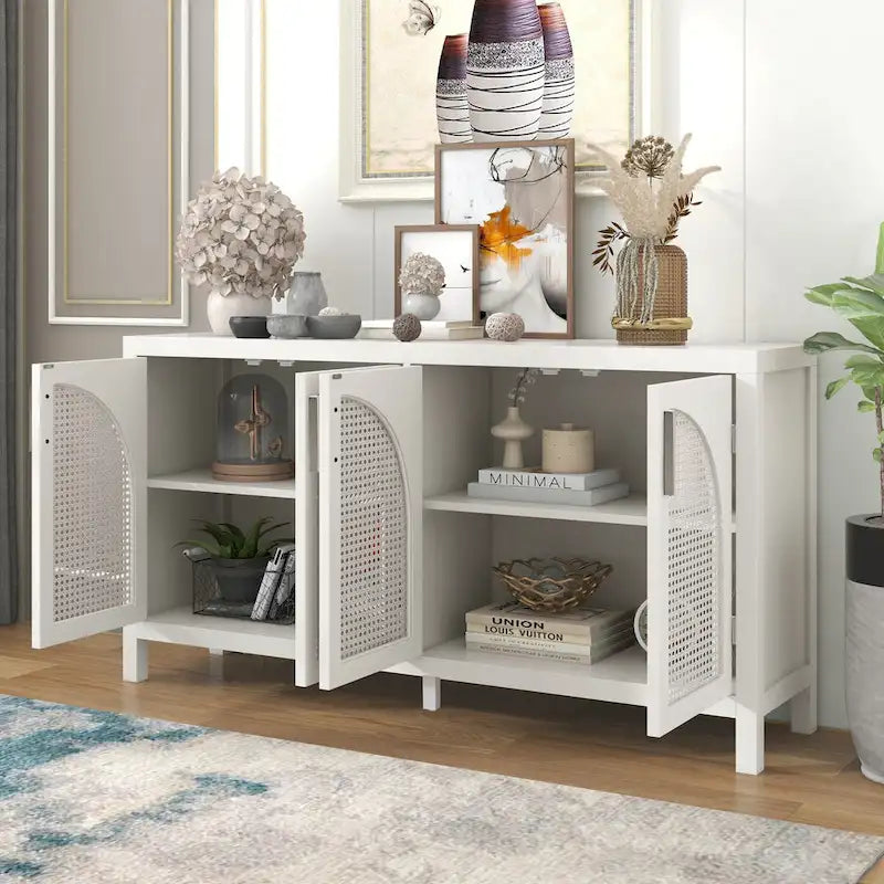 4-Door Storage Cabinet with Rattan Door Panels