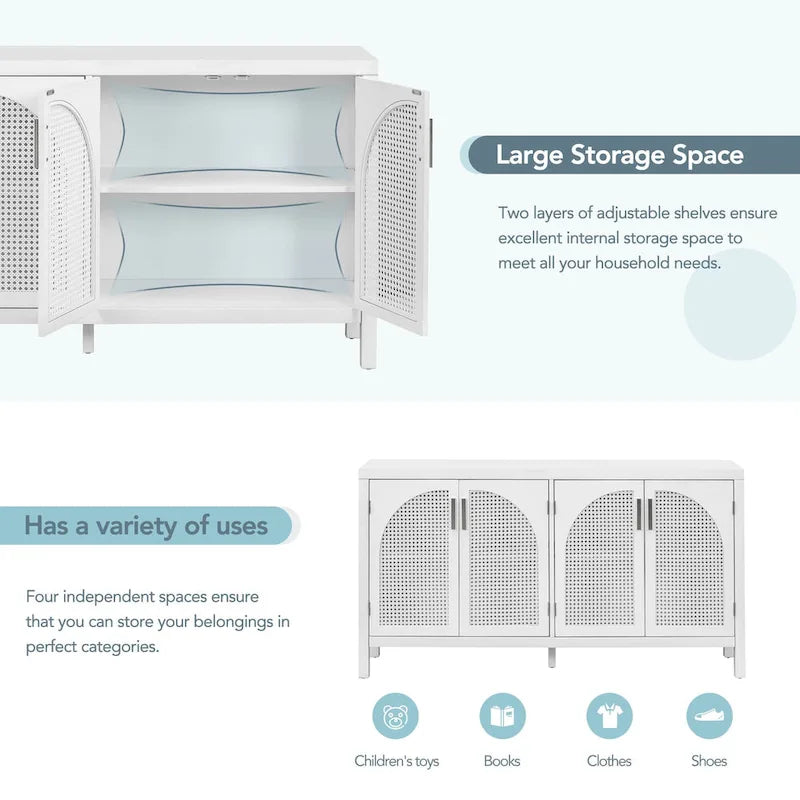 4-Door Storage Cabinet with Rattan Door Panels
