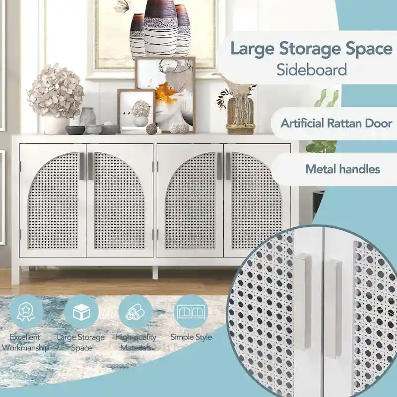 4-Door Storage Cabinet with Rattan Door Panels