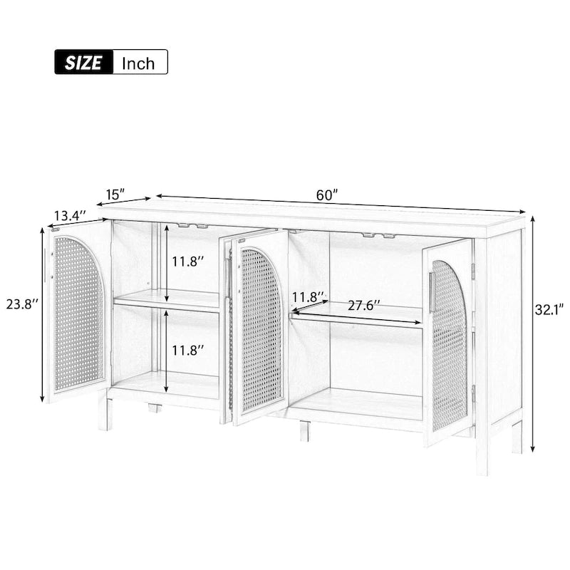 4-Door Storage Cabinet with Rattan Door Panels