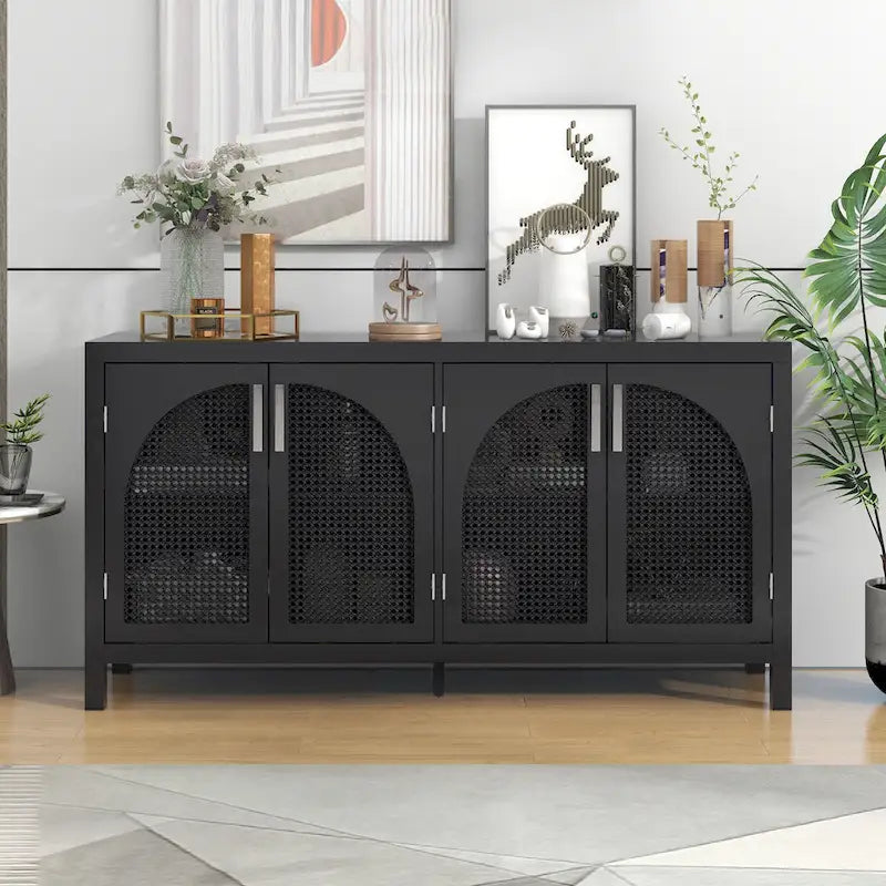 4-Door Storage Cabinet with Rattan Door Panels