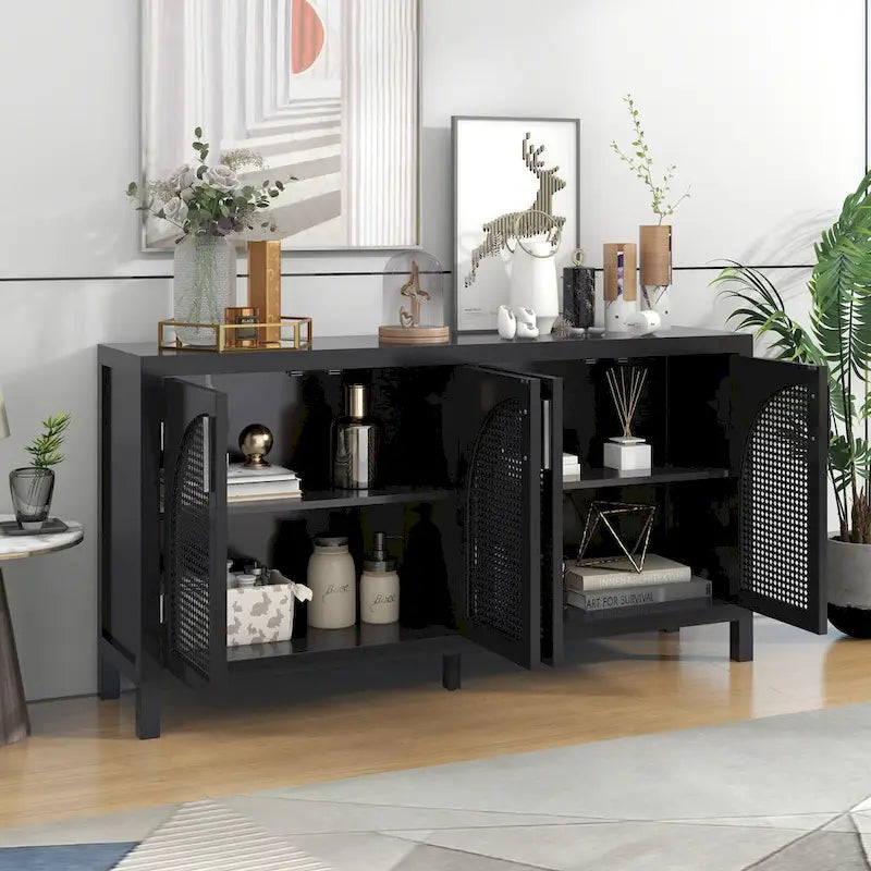 4-Door Storage Cabinet with Rattan Door Panels