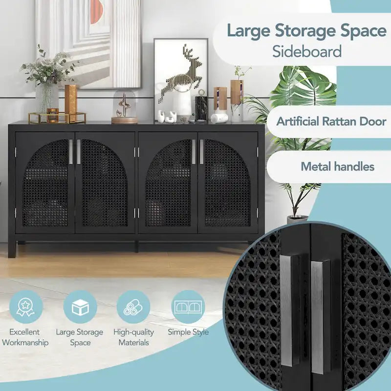4-Door Storage Cabinet with Rattan Door Panels