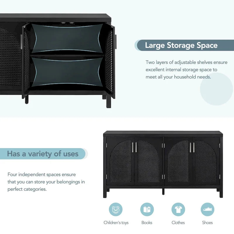 4-Door Storage Cabinet with Rattan Door Panels