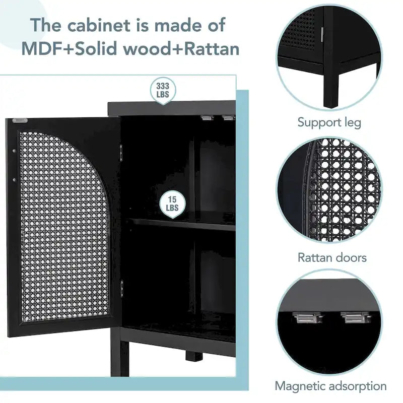 4-Door Storage Cabinet with Rattan Door Panels