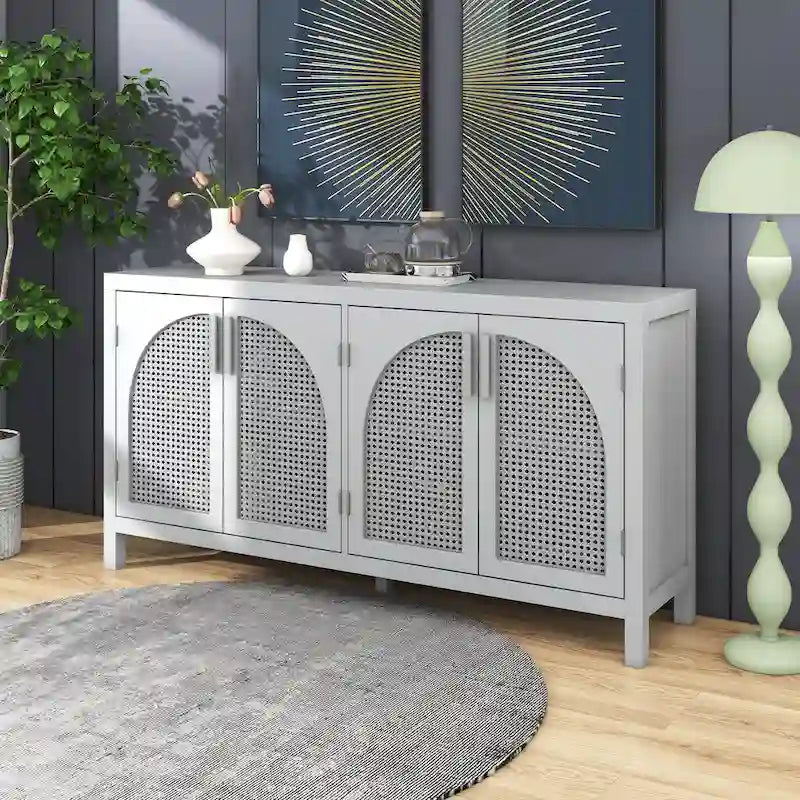 4-Door Storage Cabinet with Rattan Door Panels
