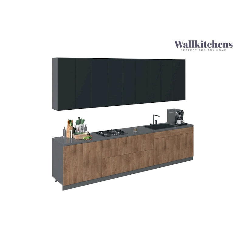 Modern Kitchen Cabinet Set - Natural Teak & Black, 11Ft Wide (138x24)
