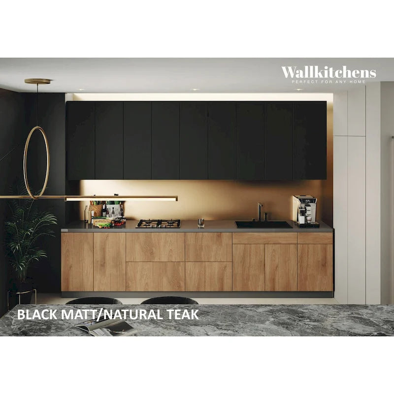 Conjunto de móveis de cozinha modernos - Teca natural e preto, 11 pés de largura (138x24)