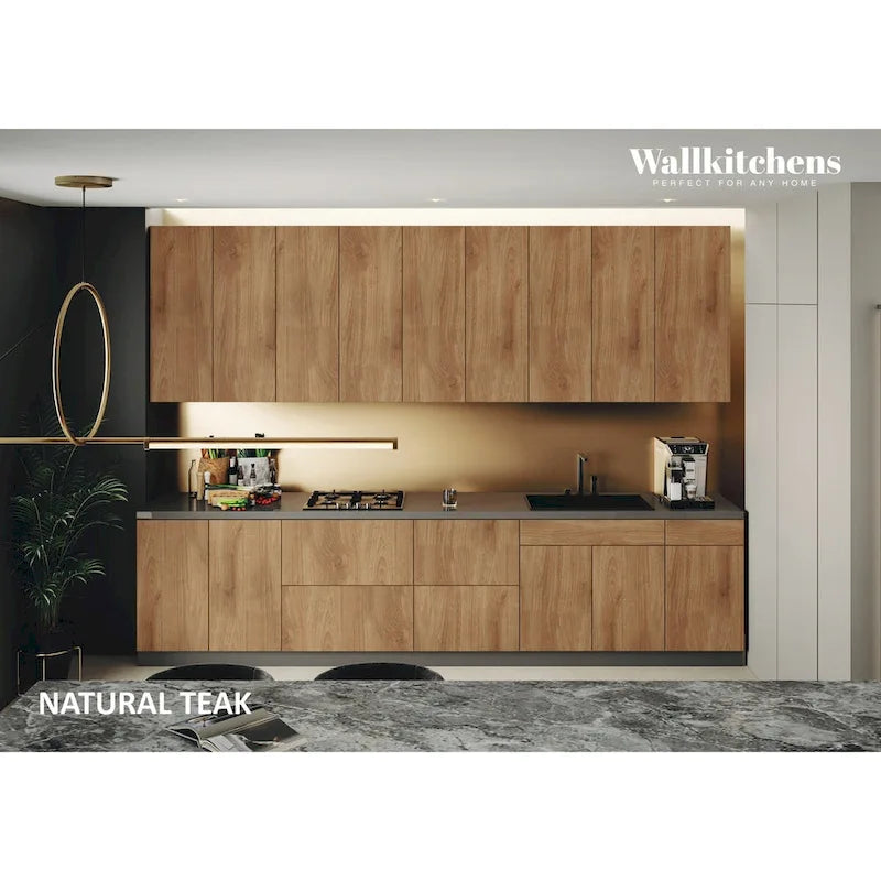 Conjunto de móveis de cozinha modernos - Teca natural e preto, 11 pés de largura (138x24)