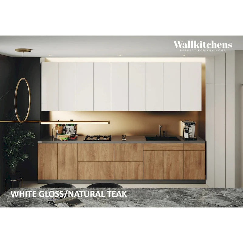 Conjunto de móveis de cozinha modernos - Teca natural e preto, 11 pés de largura (138x24)