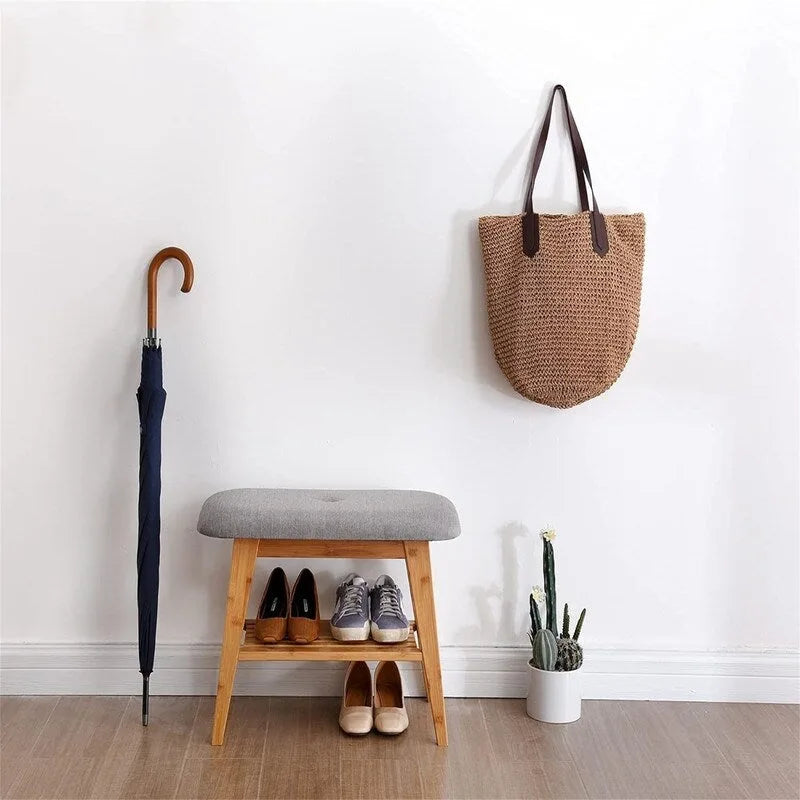 Bamboo Entryway Bench with Shoe Shelf and Cushion