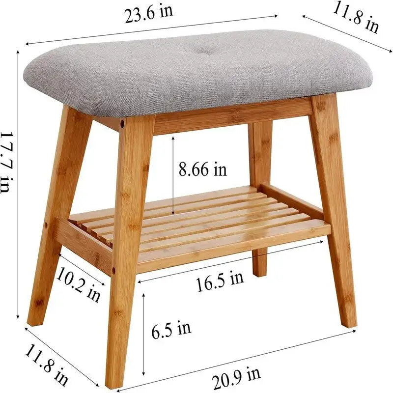 Bamboo Entryway Bench with Shoe Shelf and Cushion