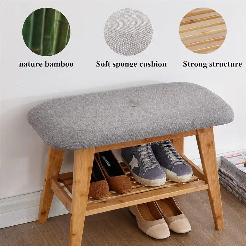 Bamboo Entryway Bench with Shoe Shelf and Cushion