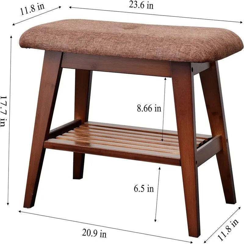 Bamboo Entryway Bench with Shoe Shelf and Cushion