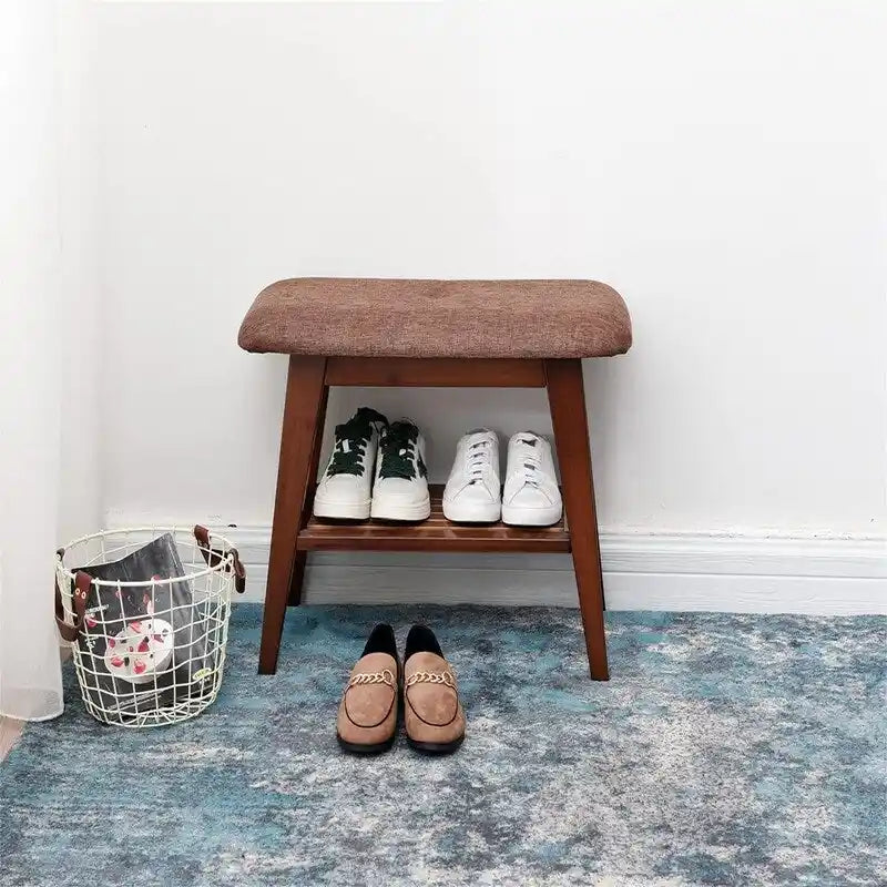 Bamboo Entryway Bench with Shoe Shelf and Cushion