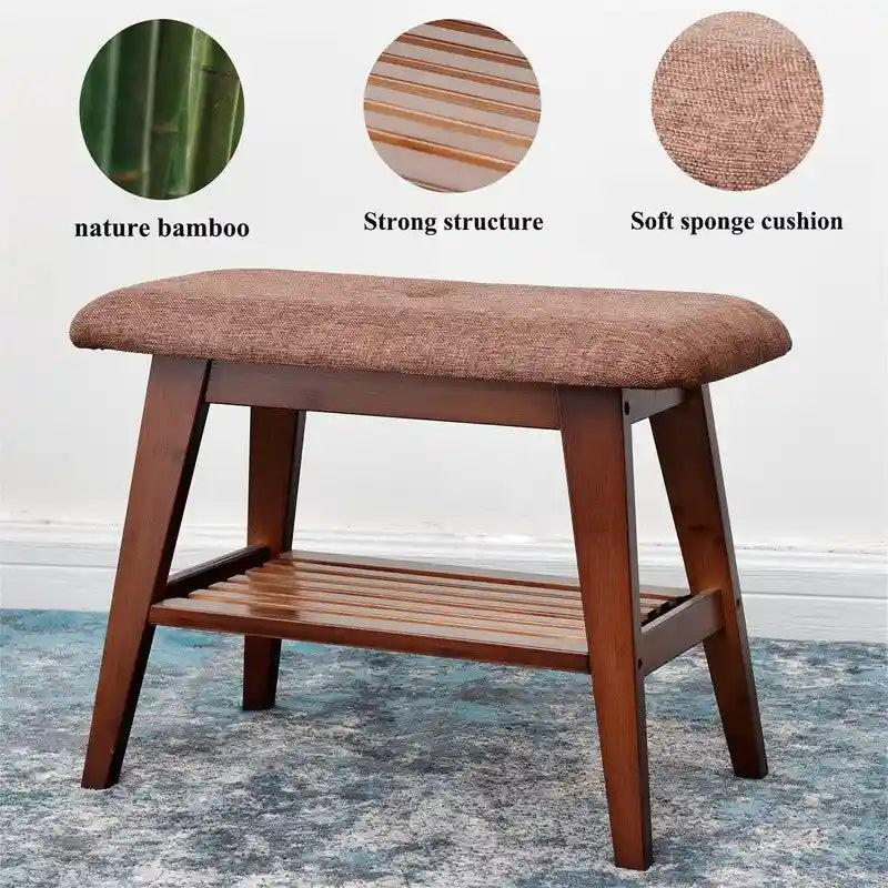Bamboo Entryway Bench with Shoe Shelf and Cushion