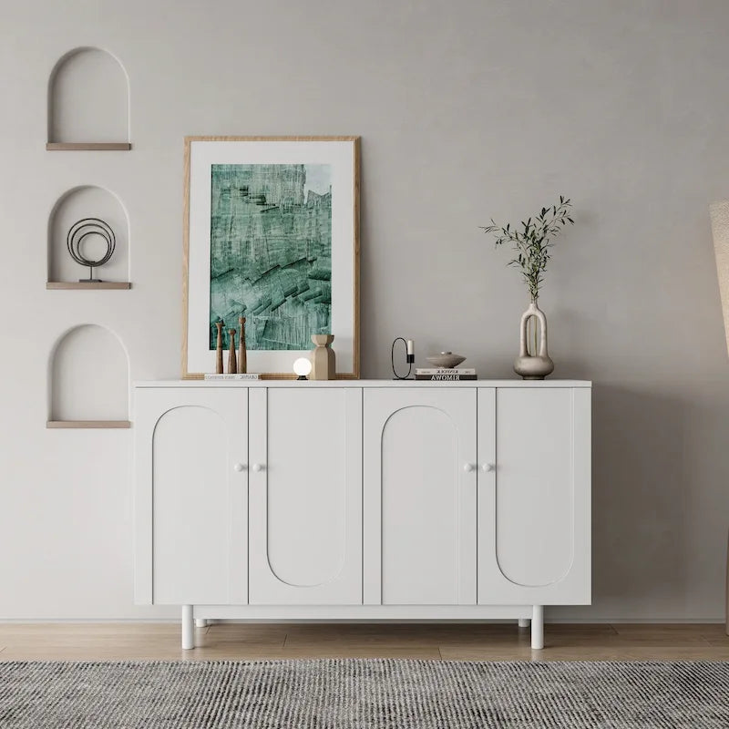 4-Door Storage Cabinet with Pine Legs and Wood Pulls