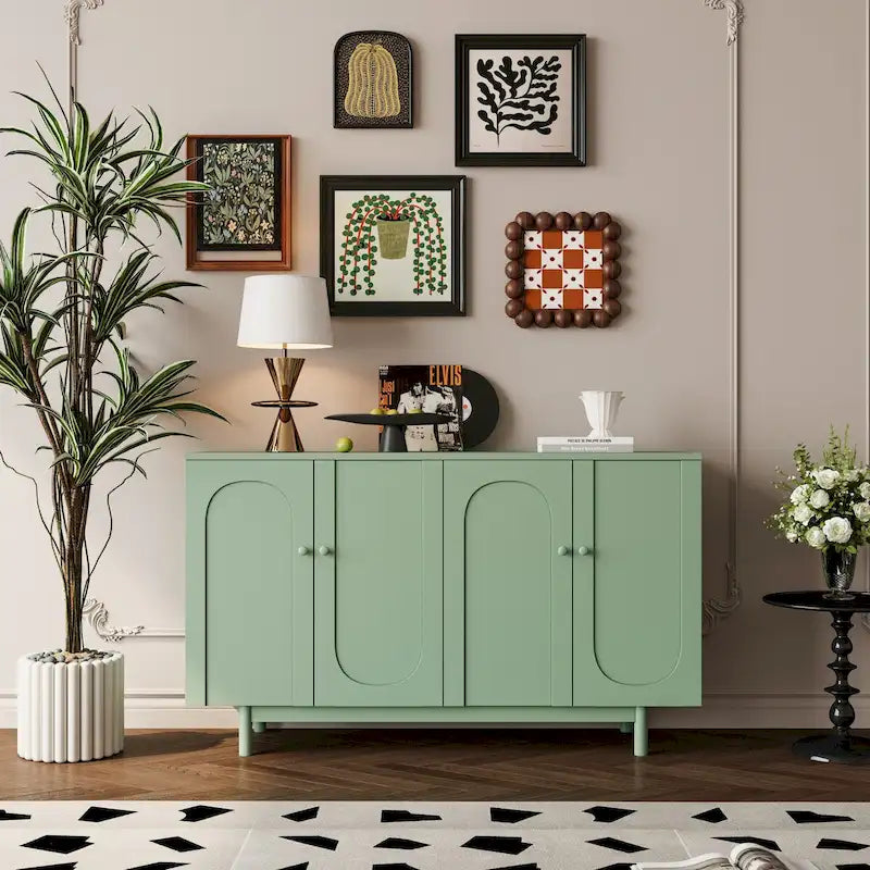 4-Door Storage Cabinet with Pine Legs and Wood Pulls