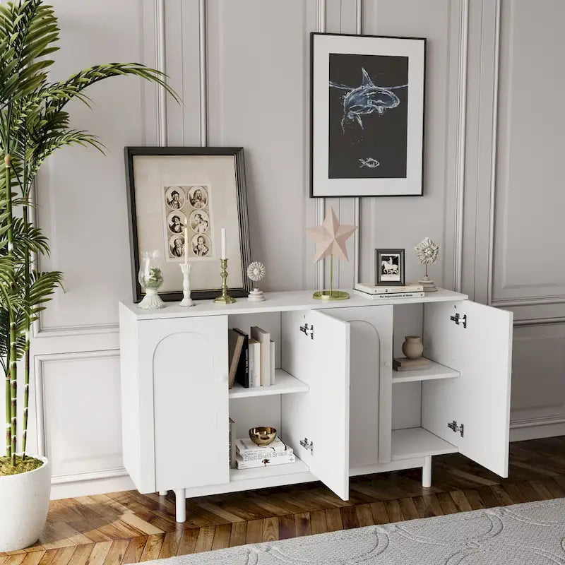 4-Door Storage Cabinet with Pine Legs and Wood Pulls