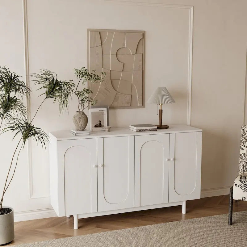 4-Door Storage Cabinet with Pine Legs and Wood Pulls