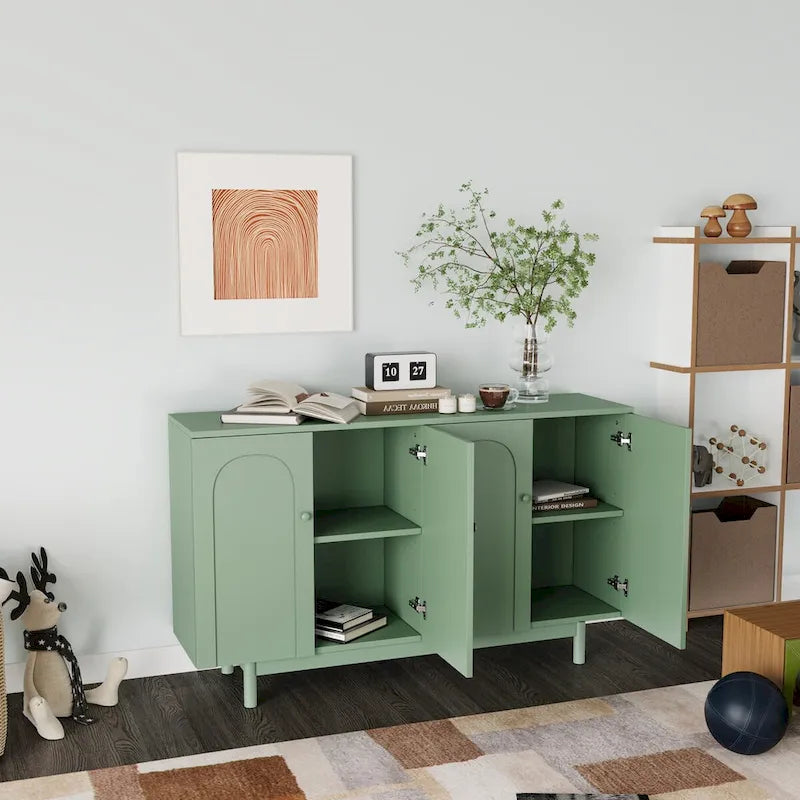 4-Door Storage Cabinet with Pine Legs and Wood Pulls