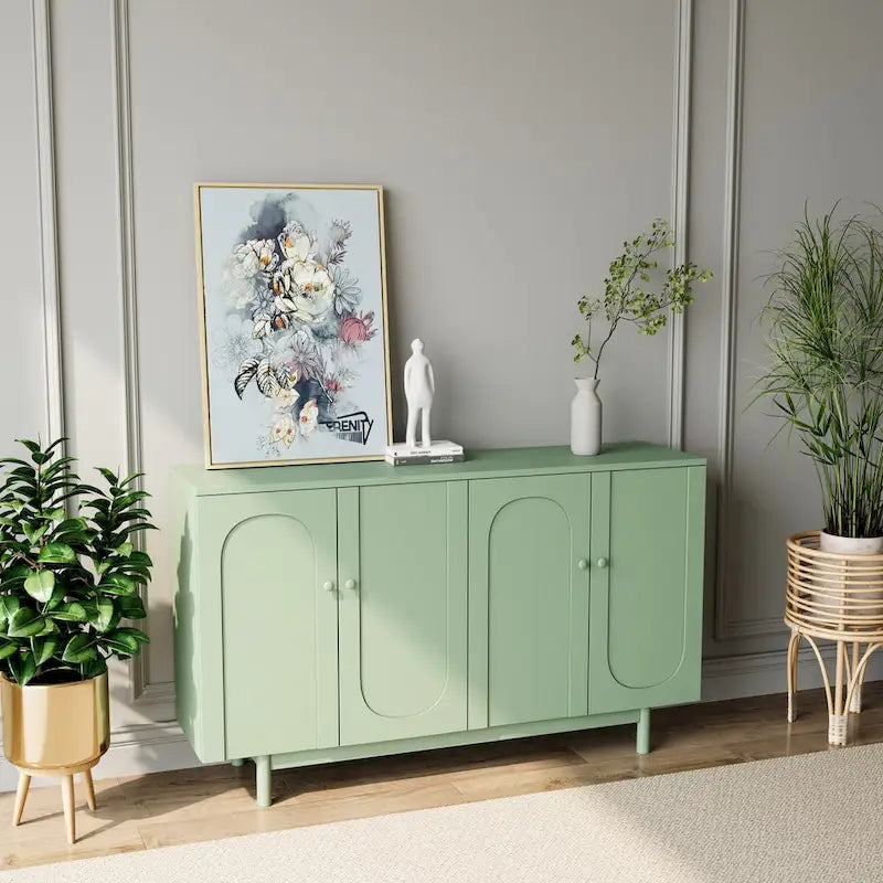 4-Door Storage Cabinet with Pine Legs and Wood Pulls