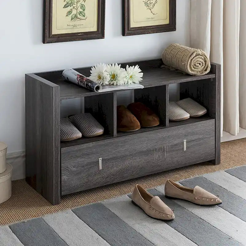 Shoe Entry Bench with Three Shelves, One Drawer, and Divided Compartment
