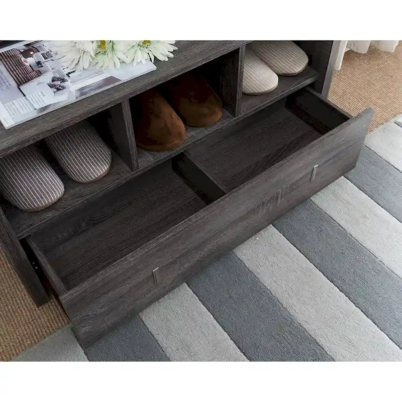 Shoe Entry Bench with Three Shelves, One Drawer, and Divided Compartment