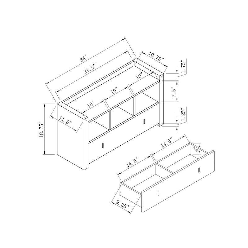 Shoe Entry Bench with Three Shelves, One Drawer, and Divided Compartment