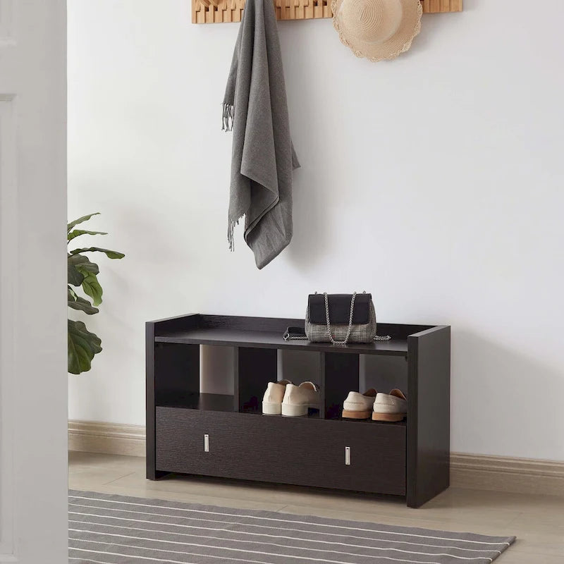 Shoe Entry Bench with Three Shelves, One Drawer, and Divided Compartment