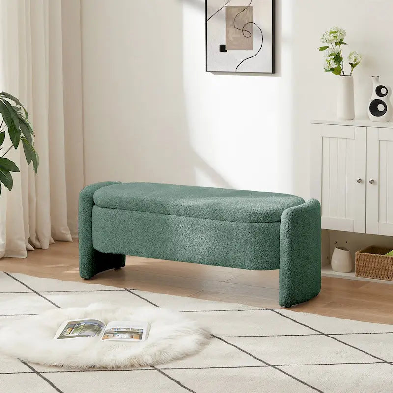 Oval Storage Ottoman Bench with Lamb Fleece Fabric Cover