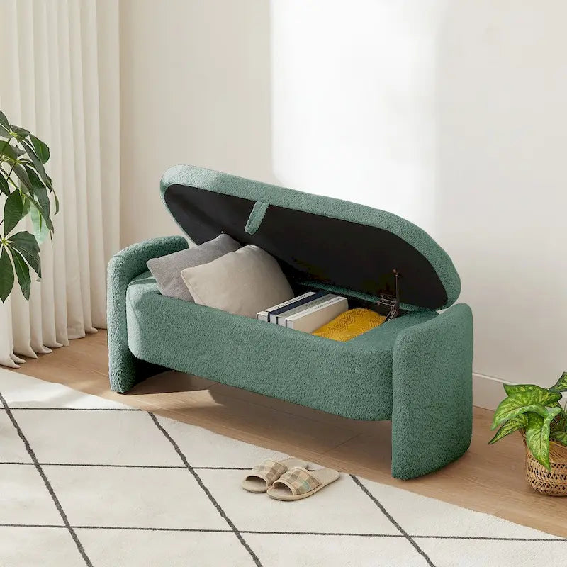 Oval Storage Ottoman Bench with Lamb Fleece Fabric Cover