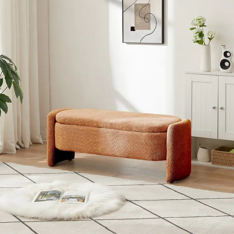 Oval Storage Ottoman Bench with Lamb Fleece Fabric Cover