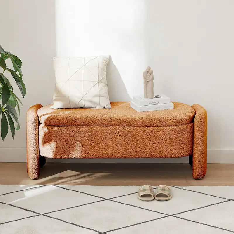 Oval Storage Ottoman Bench with Lamb Fleece Fabric Cover