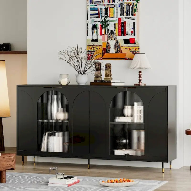 4-Door Cabinet with Fluted Glass and Adjustable Shelves