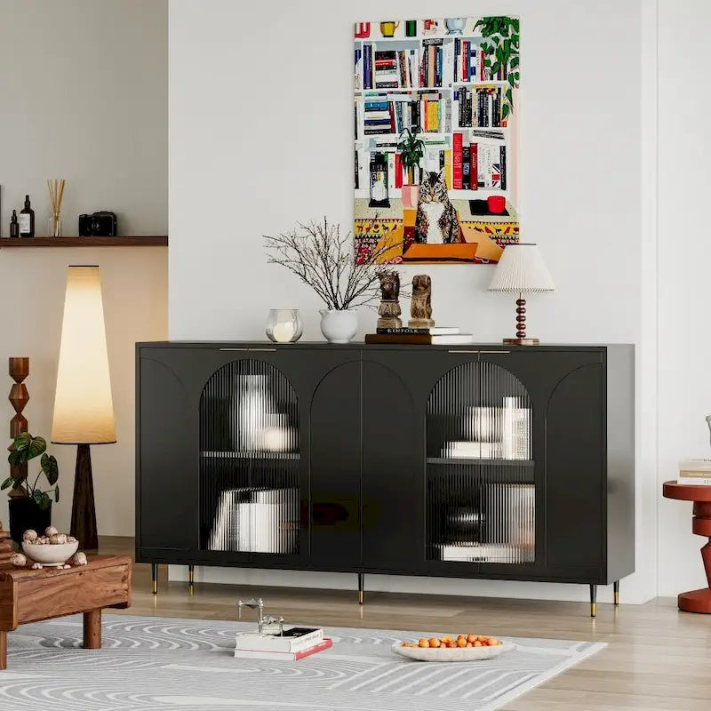 4-Door Cabinet with Fluted Glass and Adjustable Shelves