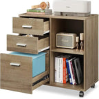 3-Drawer Wood File Cabinet with Open Storage and Wheels