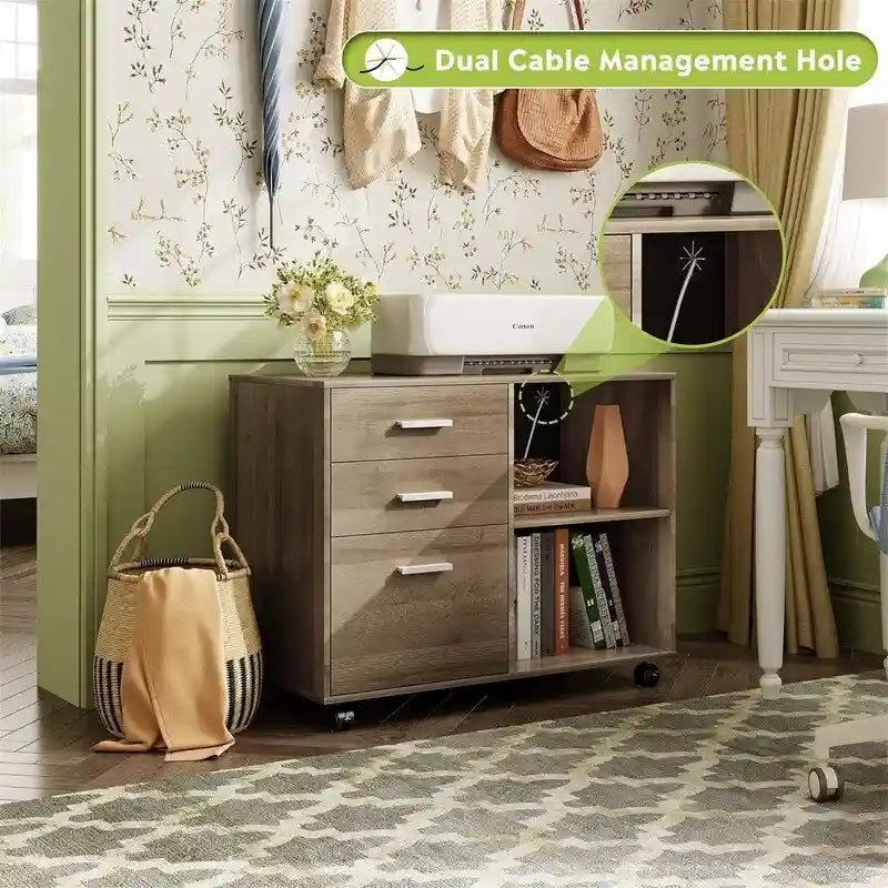 3-Drawer Wood File Cabinet with Open Storage and Wheels