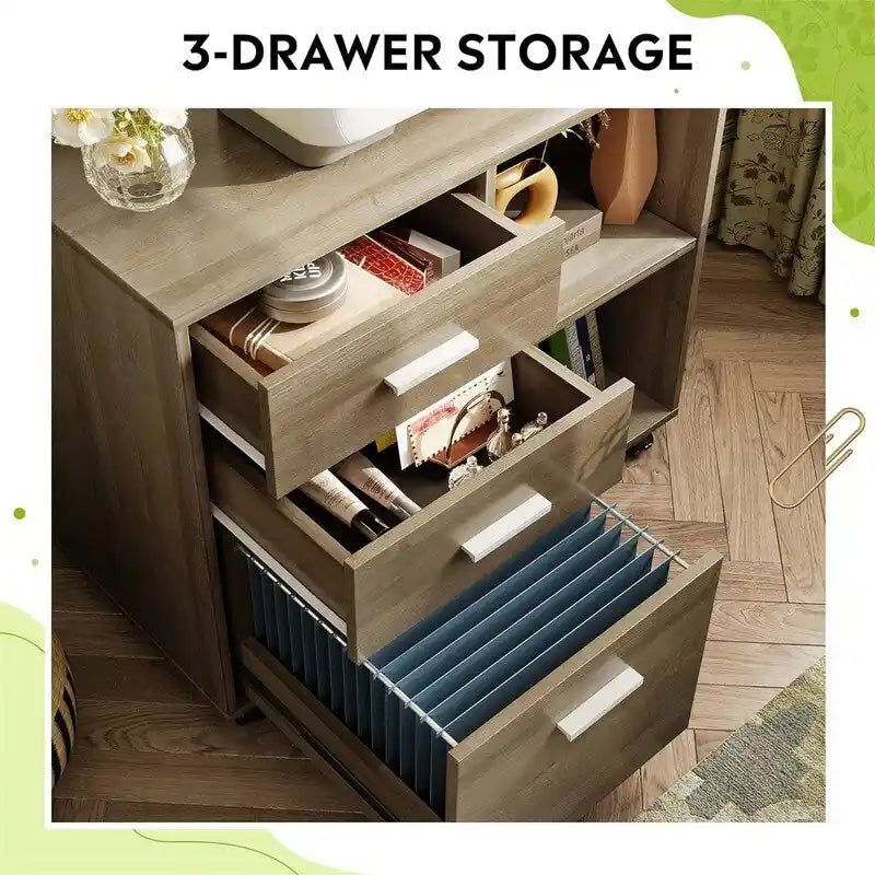 3-Drawer Wood File Cabinet with Open Storage and Wheels