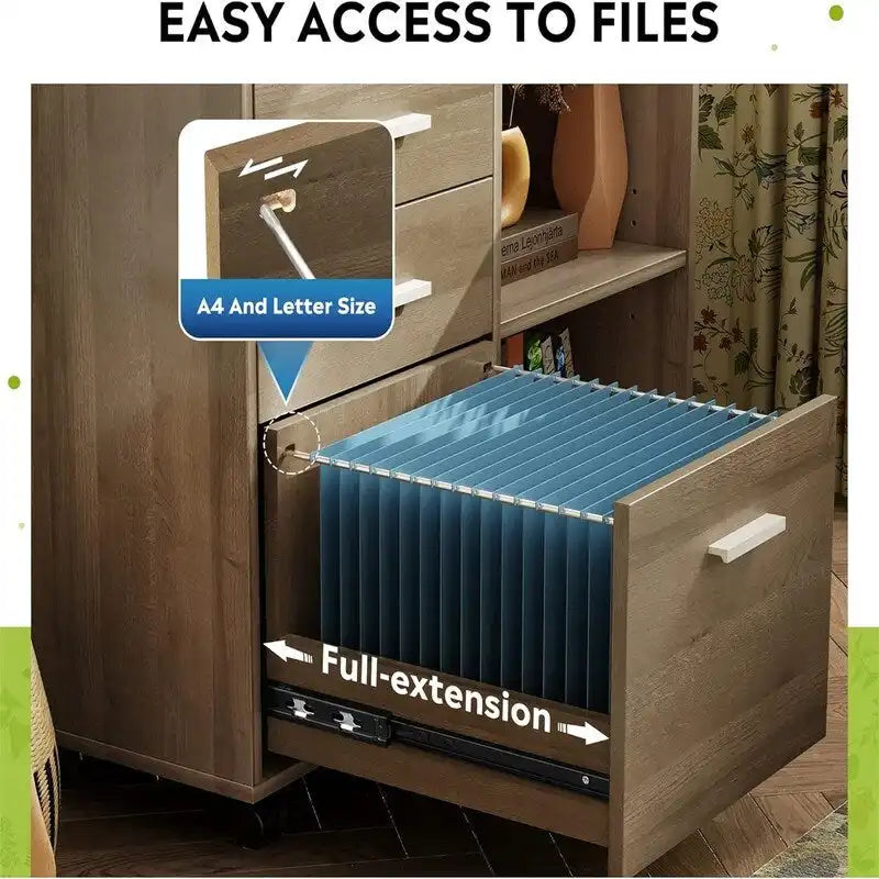 3-Drawer Wood File Cabinet with Open Storage and Wheels