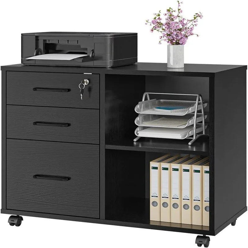 3-Drawer File Cabinet with Open Storage and Printer Stand