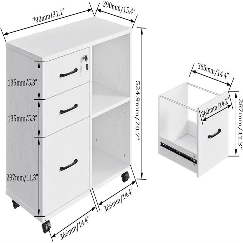 3-Drawer File Cabinet with Open Storage and Printer Stand