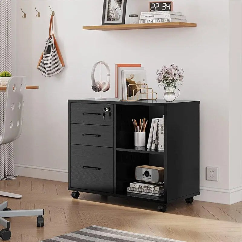 3-Drawer File Cabinet with Open Storage and Printer Stand