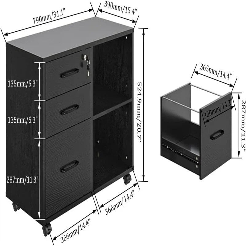 3-Drawer File Cabinet with Open Storage and Printer Stand