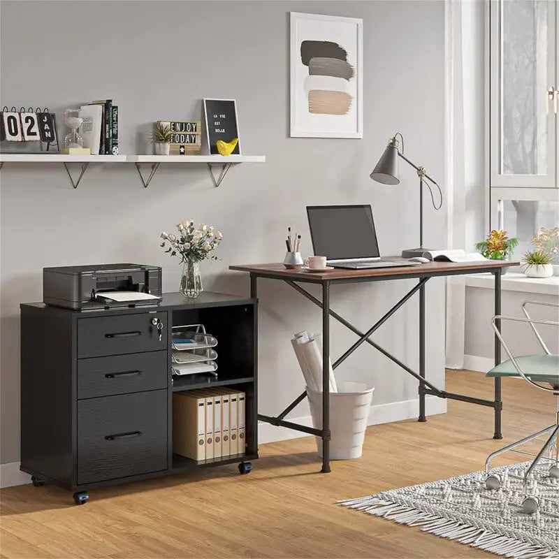 3-Drawer File Cabinet with Open Storage and Printer Stand