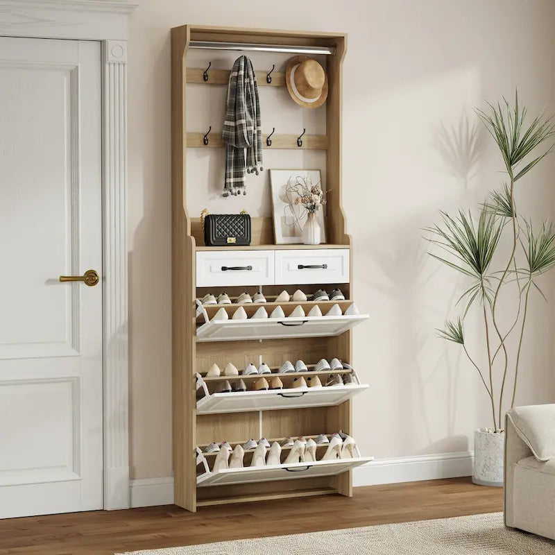 Shoe Cabinet with 3 Flip-Down Doors and 2 Drawers