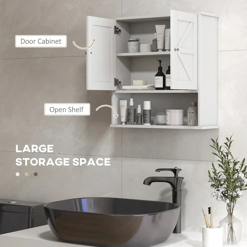 Wall-Mounted Bathroom Cabinet with Open Shelf and Adjustable Shelf, White