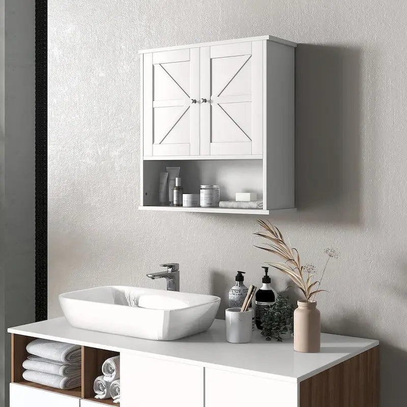 Wall-Mounted Bathroom Cabinet with Open Shelf and Adjustable Shelf, White